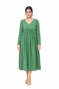 Women’s Rayon A-Line Midi Dress, Long Sleeve Polka Dot Casual Dress, V-Neck Flowy