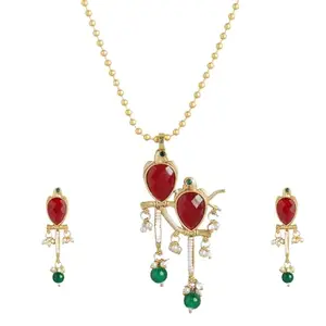 Mansiyaorange Golden Ruby Green Pearls Studded Love Bird Pendant Earrings and Chain Jewelry Set For Women Girls