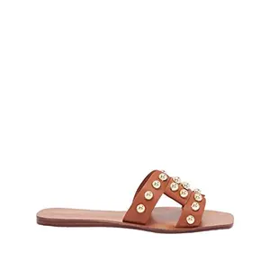 shoexpress Women's Embellished Slip-On Flat Sandals, Brown, 6.5
