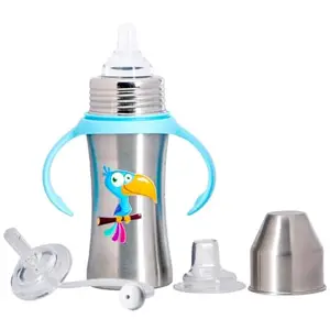 Adore Trion 3 Stage Premium Stainless Steel Sipper Convertable to Feeding & Spout Bottle with Food Grade Silicone Teat & Detachable Twin Handle -250 ml (Toucan)