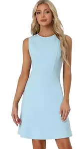 TICKER FASHION Women's Round Neck Summer Wear Casual Office Dress (Blue_Medium)