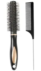 Tail Comb Hair Roller Brush Set, Carbon Fiber Rat Tail Comb Detangle Round Hair Brush Hairstyling Pintail Comb Curling Brush Set for Men Women, Black