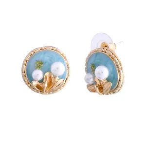 Voylla Blossom Seabreeze Golden Stud Earrings For Women|Women Studs Earrings|Gift For Women|Floral|Everyday|Enamelled|Travel|