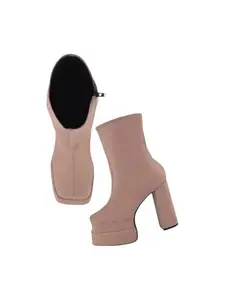 SELFIEE Classy Trendy Comfortable Ankel Length Block Heel Zipper Boots Shoes for Womens & Girls Beige