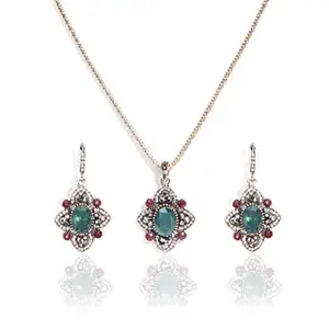 Gempro Gold Plated Green Crystals Victorian Pendant Earrings Set for Women