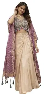 LUXE VIBE Crepe & Chinon Silk Dhoti Set with Banglory Silk Blouse & Sequined Shrug | Ready-to-Wear 3-Piece Ethnic Outfit for Women Purple Colour
