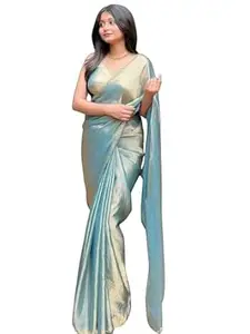 Rivara Looms Women’s Premium Shimmer Organza Saree with Golden Lace Border | Elegant Lightweight & Wedding Saree with Blouse Piece | Aqua Blue