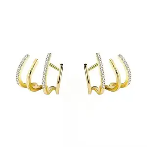Vembley Korean Gold Plated Cubic Zirconia Studded 4 Earring Effect Claw Stud Earrings For Women And Girls