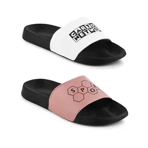PERY-PAO Combo Sliders Pack of 2 Mens White, Olive Green, Peach, Black Flip Flop & Slippers