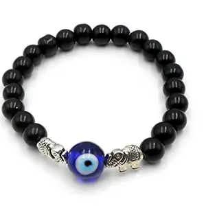 JAZ? Handmade Black Beads Bracelet with Evil Eye Stone and Lucky Uptrunk Elephant (Buri Nazar Protection) Root Chakra Enhancer/Activator & Good Luck Protection Bracelet for Men, Women & Girls