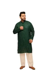 SOJANYA PLUS (Since 1958) Men's Cotton Designer Green Kurta with Mirror Embroidery & White Pyjama