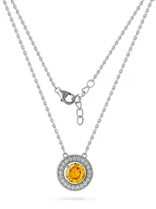 CAUER 925 Sterling Silver Rhodium Plated Round Pendant Necklace | Sparkling Yellow CZ Studded Birthday, Wedding, Anniversary Gift | With Brand Authenticity Certificate and 925 Stamp | 6 Month Warranty