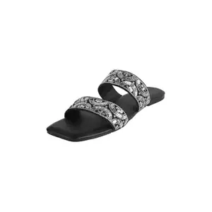 Mochi Women Black Embellished Casual Slides UK/7 EU/40 (35-1293)