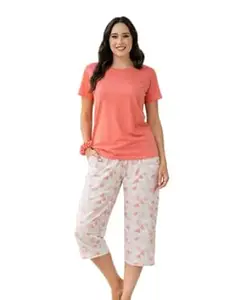 Celary Women Cotton Nightwear Set | Short Sleeve Top & Printed Capri Pajama Set | Soft, Breathable Sleepwear for Ladies | Also Available in Plus Size