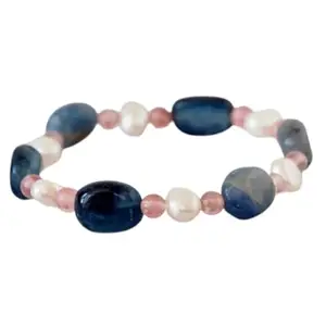 RRJEWELZ Unisex Bracelet 4-10mm Natural Gemstone Kyanite, Baroque Freshwater Pearl & Cherry Quartz Mix shape Smooth cut beads 7 inch stretchable bracelet for men & women. | STBR_04590