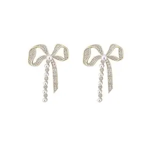 STYLISH PEHNAWA Trendy Korean Needle Big Crystal Bowknot Pearl Earrings Trending New Luxury Women's Stud Earrings For Women & Girls