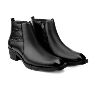 Baxxico Men's 2 Inch Block Heel Height Increassing Faux Leather Black Formal Chelsea Slip-on Ankle Zipper shoes-7UK[BAXB1010-Black]