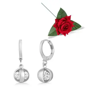 Peora Silver Plated CZ Studded Fancy Drop & Hoop Earrings Valentines Gift for Women & Girls with Red Rose