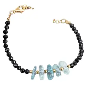 RRJEWELZ Aquamarine & Black Tourmaline bracelet for men & women - 3-10mm Round & Tumble Faceted & Smooth beads - 7 Inch Adjustable with Gold plated clasp – Healing, Fashion, Gift, Spiritual, Yoga|LCBR_RR_06937
