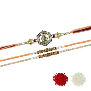 Asthetika Ganesha Charm Set of 3 Rakhis with Roli Chawal for Brother Bhai Bhaiya Men Raksha Bandhan [Red:Yellow] Three units