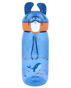 Toyshine Bunny Kids Water Bottle With Straw - Spill Proof Straw Valve, Pop Button, BPA Free Water Bottle for Kids School - Featuring Soft Silicone Handle Grip - Children's Drinkware - 550 ML - Blue