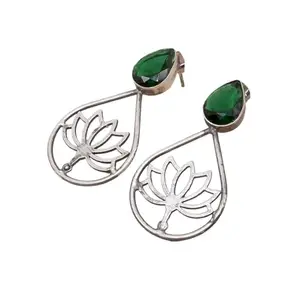 RidVik Beautiful Stylish Women Lotus Earring Kamal Earring For Girls Quartz Antique Silver Plated Earrings 2 | Gift For Her (Green)