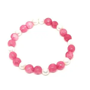 Pink jade and Pearl Beaded Stretch Bracelet, 8mm Beads