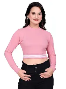 CTF Readymade Crop Top for Women | S Size Cotton Blend Slim Fit Top with High Neck & Full Sleeves | Stretchable Cropwear for Jeans, Skirts & Casual Western Looks Peach