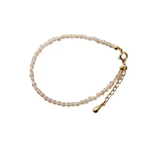 LKBEADS Gold Plated Bracelet with White Faceted Clear Quartz Beads – Round 3mm – 7 inch Adjustable – For Men & Women|LK_STACK_02244