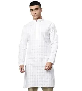 Majestic Man Men's Pure Cotton Textured Check Mandarin Collar Long Kurta