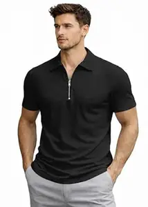 Peppyzone Men’s Textured Lightweight Zipper Polo Neck T-Shirt for Men | Half Sleeve T Shirt for Men with Collar | Zip Tshirt for Man Stylish Regular Fit Casual & Smart