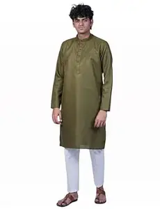 MRIDANG Men’s Cotton Kurta Straight Fit Solid Color | Traditional Ethnic Kurta for Wedding Pooja Festival Haldi Party Soft Breathable Cotton