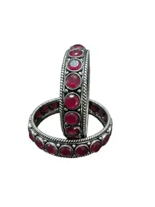 Shyam Enterprises Kolhapuri Oxidised Bangles, Indian Bangle, German Silver Bangles || Traditional Bracelets || Red Stone || Ethnic Hand || Kada || big Size || Bangles :_2.8