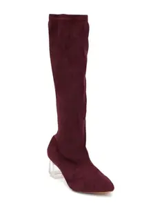 SHERRIF Women's Red Color Block Heel Boots (SF-4295-MAROON-38)