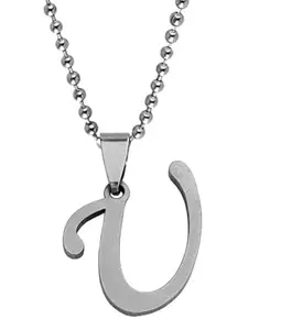 De-Ultimate Silver Color Unisex Metal Fancy & Stylish Trending Name English Alphabet 'U' Letter Locket Pendant Necklace With Ball Chain