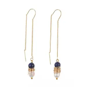 Via Mazzini Gold Plated Natural Lapis Lazuli And Cultured Freshwater Pearl Sui Dhaga Needle And Thread Dangle Earrings For Women And Girls (ER2328)