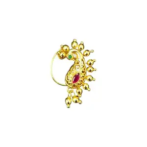Traditional Maharashtrian Gold-Plated Nath, Copper Base with Ruby and Green Stone, Paisley Design-Pearsing Required