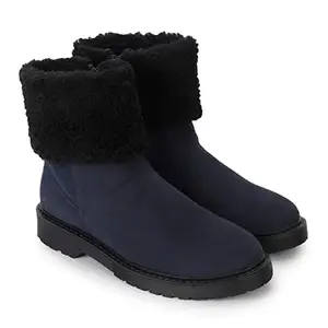 YOHO Navy Blue Women Stylish and Comfortable| Mid Ankle Fur Accent Boot And Anti Skid Sole |Trendy,Zipper Casual Boots For Womens, Outdoor And Holiday Outings| Size-7