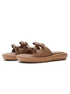 JM LOOKS Women's Flat Sandal Flip-Flop Sandal Matte Finish with Bow for Summer Holiday Beach Sandal - Beige