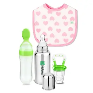 Kidbea Stainless Steel Infant Baby Feeding Bottle, Herat Printed Bibs, Green Silicone Food and Fruit Feeder Combo of 4