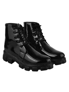 Shoetopia Women's Black Patent Leather Lace-Up Combat Boots – Shiny Ankle Boots with Chunky Lug Sole for Street & Party EU41