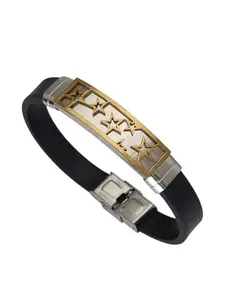 Men's Stainless Steel and Leather Bracelet with Geometric Inlay, Two-Tone Design, Secure Clasp