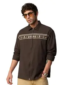 The Souled Store Nomad: Nile Mysteries Men and Boys Long Sleeve Collared Dark Brown Embroidered Lightweight Easy to Style Everyday Office Wear Cotton Linen Relaxed Shirt