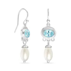 LeCalla 925 Sterling Silver Drop Dangle Earrings for Women | BIS Hallmarked Blue Topaz and Pearl Dangle Earring | Handcrafted Gemstone & Pearl Drop Earrings - 35MM