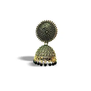 Traditional Jhumka Earrings, Green and Gold Antique Finish, Dome-shaped with Beaded Drops