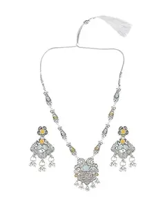 Yellow and Sky Blue Long Leaf Peacock Necklace for Women – Traditional Indian Jewelry