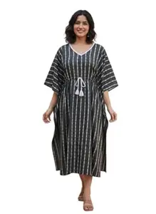 Crafts Moda Women's Cotton Kaftan - Night Dress Loungewear Relaxed Fit Midi Dress - Free Size Kantha Work Caftan