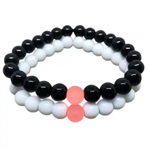 RRJEWELZ Black-White-Pink Jade 8mm Round Smooth beads Long Distance Couples Love Friendship Combo Bracelet Set - Couples Relationship 6.5 inch Stretchable Bracelets set|RR_CPBR_094_6.5