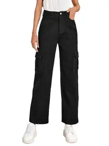 KOTTY Women's Solid High Rise Relaxed Fit Cargo Jeans (Black,3XL)_KOTTYLADIESJEANS2444_3XL