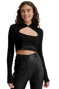 SIGHTBOMB Korean Cutout Button Closure Ultra Soft Microfiber Feather Touch Fullsleeve Crop Length Cuddle TEE TOP for Women (in, Alpha, M, Regular, Black)